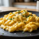 **Alt text:** Soft, pillowy scrambled eggs sprinkled with flaky sea salt on a matte charcoal-grey plate, illuminated by soft morning light.