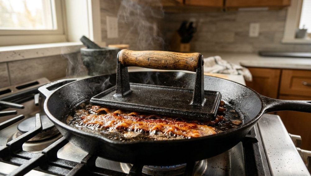 **Alt text:** Close-up of crispy bacon cooking flat in a hot cast iron skillet, weighted down by a heavy black grill press with a wooden handle.