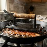 **Alt text:** Close-up of crispy bacon cooking flat in a hot cast iron skillet, weighted down by a heavy black grill press with a wooden handle.