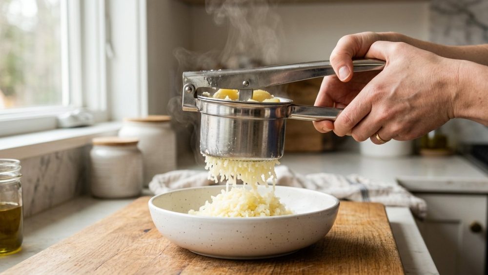 **Alt text:** Hands squeezing a stainless steel potato ricer, pressing steaming golden potatoes into fluffy, cloud-like strands that fall into a white ceramic bowl under warm, natural kitchen light.