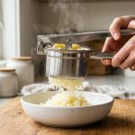 **Alt text:** Hands squeezing a stainless steel potato ricer, pressing steaming golden potatoes into fluffy, cloud-like strands that fall into a white ceramic bowl under warm, natural kitchen light.