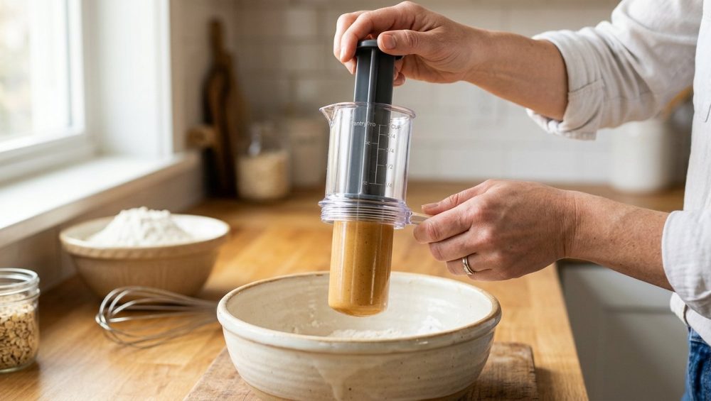 **Alt Text:** A close-up, sunlit shot of hands using a clear plunger-style measuring cup to cleanly eject a perfect cylinder of creamy peanut butter into a ceramic mixing bowl. The inside of the cup is spotless, and the soft-focus background shows a minimalist kitchen with baking ingredients in warm morning light.