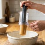**Alt Text:** A close-up, sunlit shot of hands using a clear plunger-style measuring cup to cleanly eject a perfect cylinder of creamy peanut butter into a ceramic mixing bowl. The inside of the cup is spotless, and the soft-focus background shows a minimalist kitchen with baking ingredients in warm morning light.