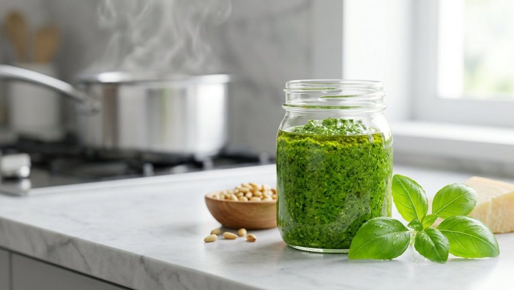 **Alt text:** A glass jar of vibrant green basil pesto on a marble countertop, surrounded by fresh basil leaves, pine nuts, and parmesan cheese, with a steaming pot in the blurry background.