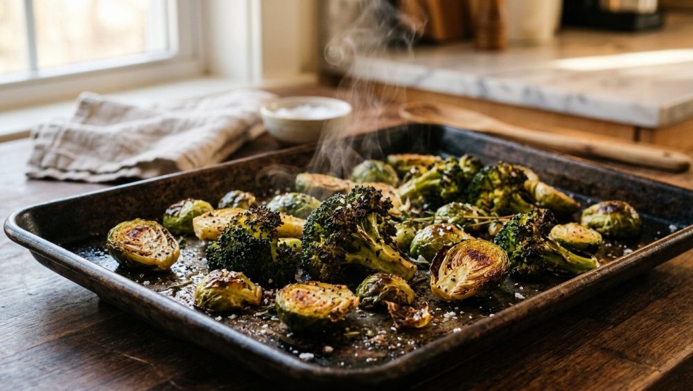 A close-up photograph of freshly roasted broccoli and Brussels sprouts sizzling on a dark baking sheet, featuring crispy, charred edges, a glistening sheen of olive oil, and coarse sea salt, with faint steam rising against a softly blurred kitchen background.