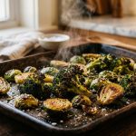 A close-up photograph of freshly roasted broccoli and Brussels sprouts sizzling on a dark baking sheet, featuring crispy, charred edges, a glistening sheen of olive oil, and coarse sea salt, with faint steam rising against a softly blurred kitchen background.