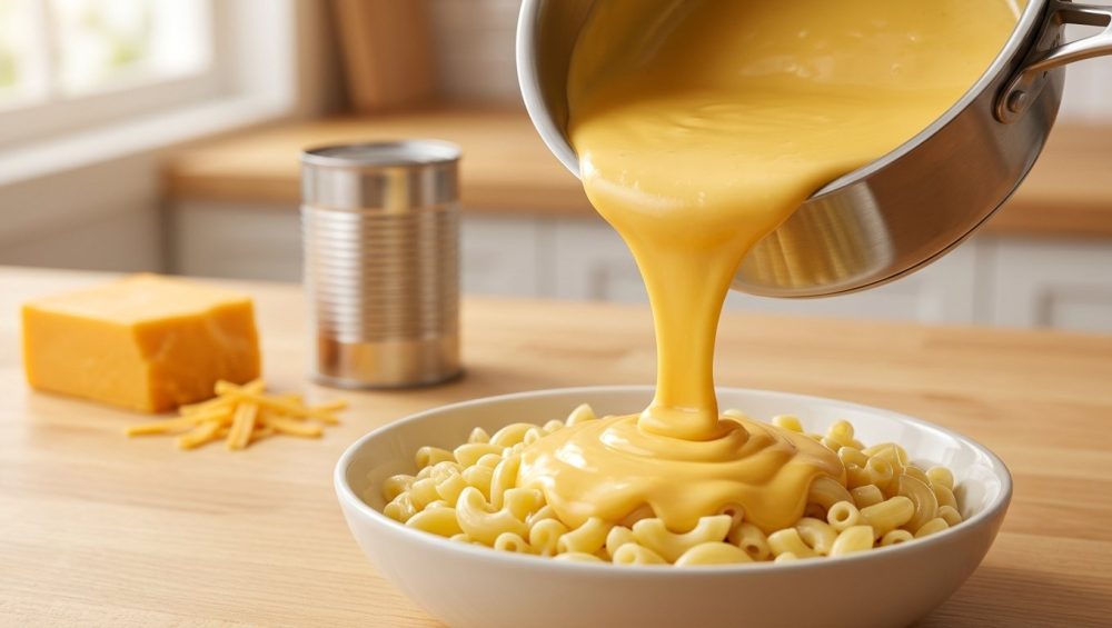 **Alt text:** A close-up photograph of glossy, perfectly smooth golden cheddar cheese sauce pouring in a thick, velvety ribbon from a saucepan onto a bowl of macaroni pasta, set in a warmly lit kitchen.
