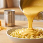 **Alt text:** A close-up photograph of glossy, perfectly smooth golden cheddar cheese sauce pouring in a thick, velvety ribbon from a saucepan onto a bowl of macaroni pasta, set in a warmly lit kitchen.