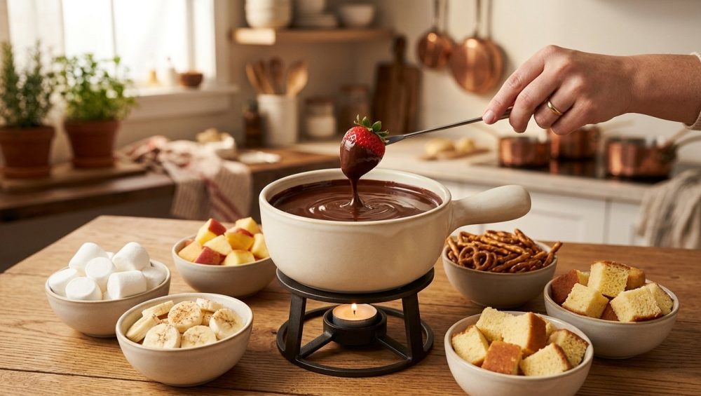 A hand dips a fresh red strawberry into a ceramic pot of glossy, melted dark chocolate. The cozy fondue setup sits on a wooden table, surrounded by small bowls of marshmallows, banana slices, and pretzel sticks under warm, soft lighting.