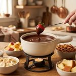 A hand dips a fresh red strawberry into a ceramic pot of glossy, melted dark chocolate. The cozy fondue setup sits on a wooden table, surrounded by small bowls of marshmallows, banana slices, and pretzel sticks under warm, soft lighting.