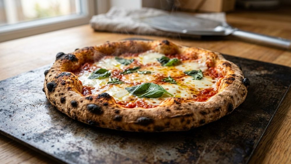**Alt text:** Close-up of a freshly baked artisan pizza with a charred, blistered crust, melted mozzarella, and fresh basil, resting on a dark carbon steel baking plate.