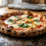 **Alt text:** Close-up of a freshly baked artisan pizza with a charred, blistered crust, melted mozzarella, and fresh basil, resting on a dark carbon steel baking plate.