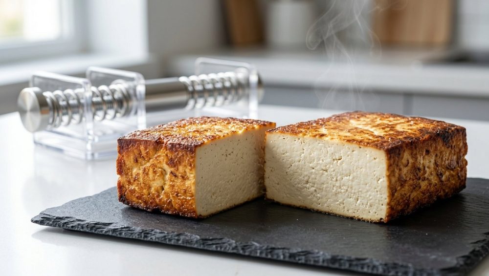 **Alt Text:** Sliced, pan-seared tofu on a dark slate plate, showcasing a crispy, caramelized golden-brown crust and a dense, compressed interior. A modern tofu press is softly blurred in the background.