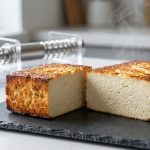 **Alt Text:** Sliced, pan-seared tofu on a dark slate plate, showcasing a crispy, caramelized golden-brown crust and a dense, compressed interior. A modern tofu press is softly blurred in the background.