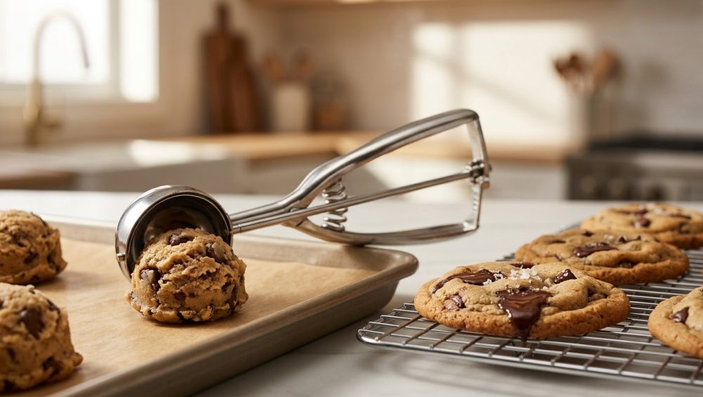**Alt text:** A stainless steel scoop placing a ball of raw cookie dough onto parchment paper next to freshly baked chocolate chip cookies on a cooling rack in a warm, sunlit kitchen.