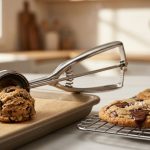 **Alt text:** A stainless steel scoop placing a ball of raw cookie dough onto parchment paper next to freshly baked chocolate chip cookies on a cooling rack in a warm, sunlit kitchen.