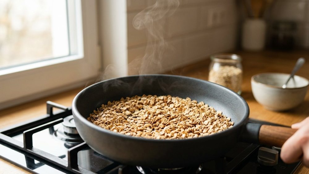 **Alt text:** Close-up of rolled oats being dry-toasted to a golden brown in a modern ceramic pan. Soft morning light illuminates the crisp, textured oats as a gentle wisp of steam rises, with a blurred kitchen background.