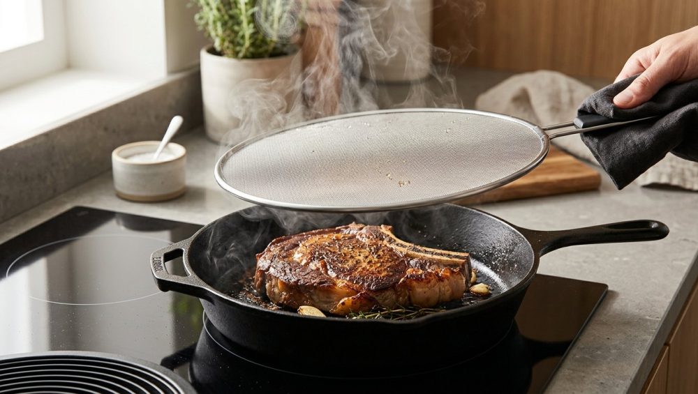 **Alt text:** A thick-cut ribeye steak with a golden-brown crust sears in a cast-iron skillet on a modern induction stovetop. A stainless steel splatter screen is lifted slightly, letting steam escape, while the surrounding countertop remains pristine.