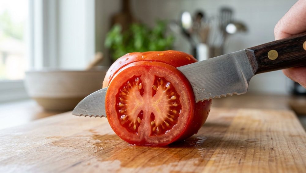 **Alt text:** Extreme close-up of a serrated steel knife making a clean, precise slice through a ripe red tomato on a light wooden cutting board, revealing its juicy interior and seeds.