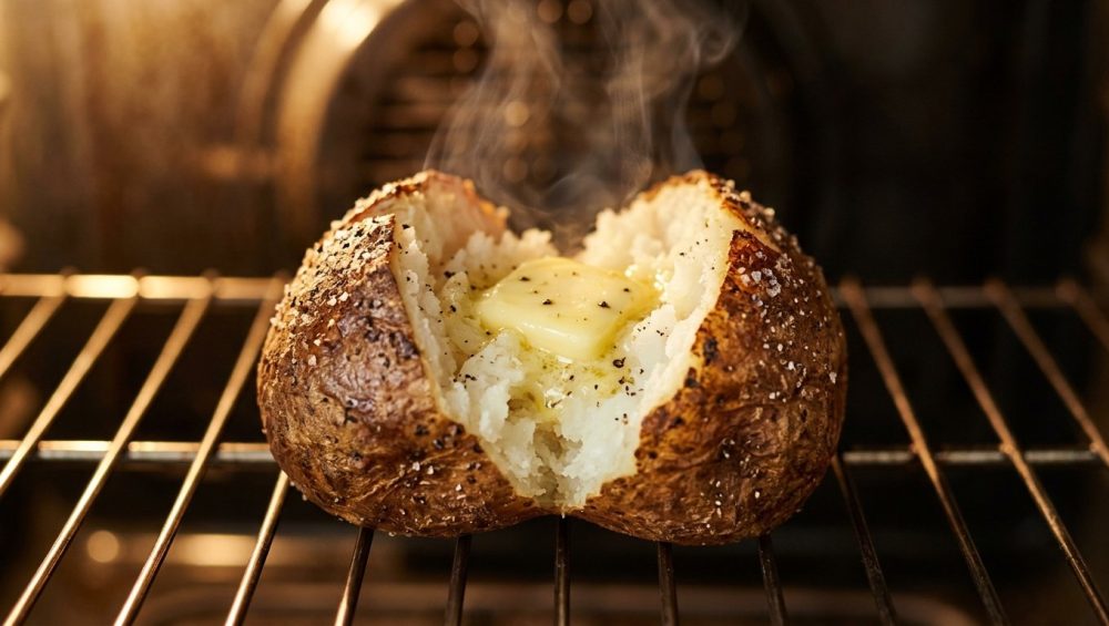 A close-up, editorial food photograph of a baked russet potato sliced open on a stainless steel oven rack. The potato features crispy, salted skin and a fluffy white interior with a melting pat of yellow butter and gentle steam rising against a warm, blurred background.