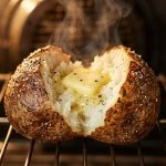 A close-up, editorial food photograph of a baked russet potato sliced open on a stainless steel oven rack. The potato features crispy, salted skin and a fluffy white interior with a melting pat of yellow butter and gentle steam rising against a warm, blurred background.