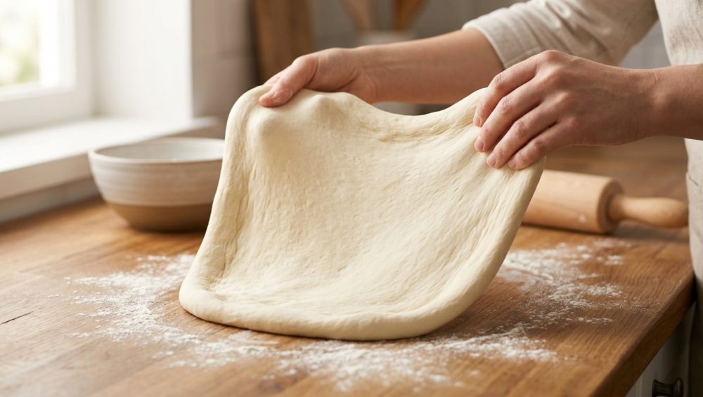 **Alt text:** A close-up, editorial-style photo of a cook's hands gently stretching smooth, elastic pizza dough on a flour-dusted wooden countertop in bright, natural light.
