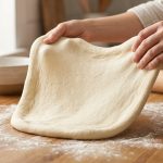 **Alt text:** A close-up, editorial-style photo of a cook's hands gently stretching smooth, elastic pizza dough on a flour-dusted wooden countertop in bright, natural light.