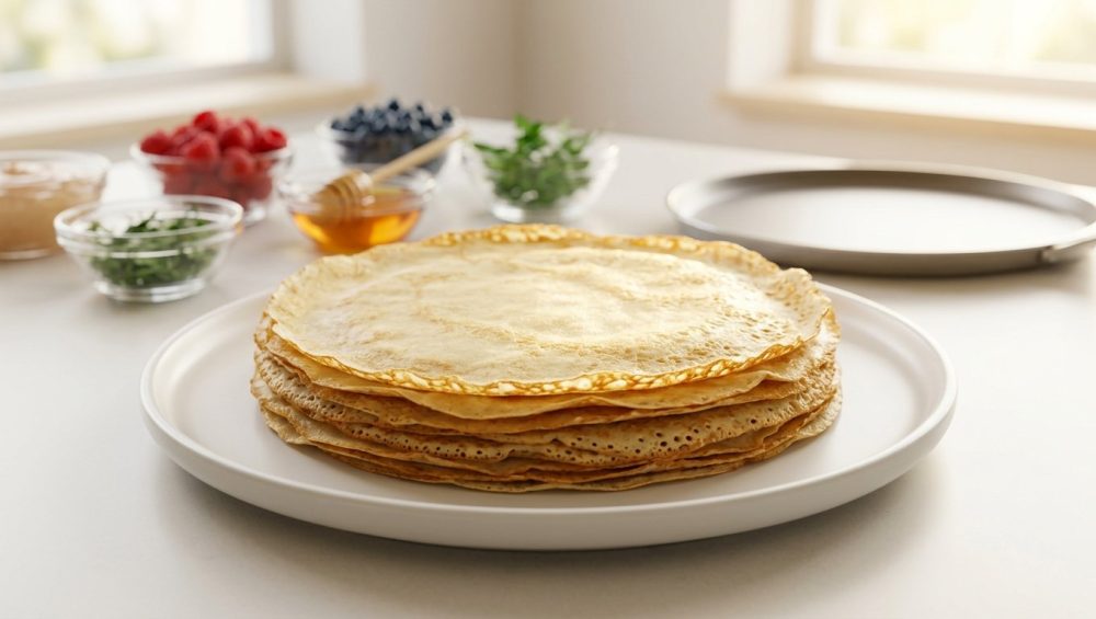 A perfect stack of golden-brown French crepes on a white ceramic plate, set on a bright, sunlit kitchen counter with fresh berries in the soft-focus background.