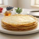 A perfect stack of golden-brown French crepes on a white ceramic plate, set on a bright, sunlit kitchen counter with fresh berries in the soft-focus background.