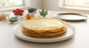 A perfect stack of golden-brown French crepes on a white ceramic plate, set on a bright, sunlit kitchen counter with fresh berries in the soft-focus background.