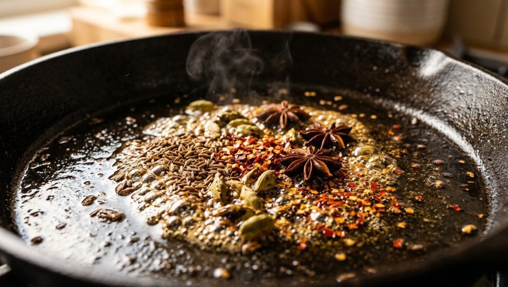 An extreme close-up of star anise, cardamom pods, and cumin seeds sizzling in shimmering golden oil inside a dark cast-iron skillet.