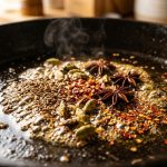 An extreme close-up of star anise, cardamom pods, and cumin seeds sizzling in shimmering golden oil inside a dark cast-iron skillet.