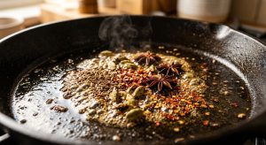 An extreme close-up of star anise, cardamom pods, and cumin seeds sizzling in shimmering golden oil inside a dark cast-iron skillet.