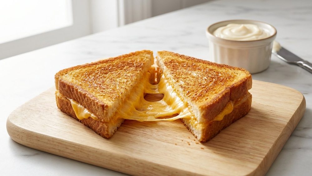 A perfectly golden-brown grilled cheese sandwich cut diagonally on a wooden board, with melted cheese pulling between the halves. In the soft-focus background, a ramekin of mayonnaise and a knife rest on a marble countertop.