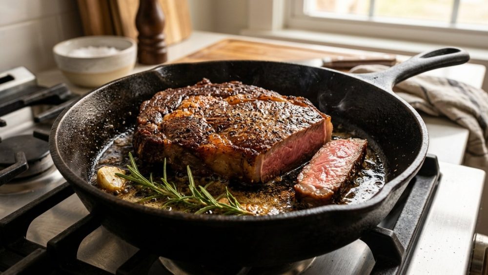 **Alt text:** A close-up of a thick ribeye steak searing in a hot cast-iron skillet, featuring a deeply caramelized, golden-brown crust. A single slice reveals a juicy, pink medium-rare center, with a sprig of rosemary and garlic sizzling in basted butter beside it.