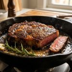 **Alt text:** A close-up of a thick ribeye steak searing in a hot cast-iron skillet, featuring a deeply caramelized, golden-brown crust. A single slice reveals a juicy, pink medium-rare center, with a sprig of rosemary and garlic sizzling in basted butter beside it.