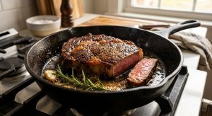 **Alt text:** A close-up of a thick ribeye steak searing in a hot cast-iron skillet, featuring a deeply caramelized, golden-brown crust. A single slice reveals a juicy, pink medium-rare center, with a sprig of rosemary and garlic sizzling in basted butter beside it.
