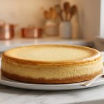 **Alt text:** A freshly baked New York cheesecake with a flawless, golden-brown top sits on a white plate on a marble countertop in soft, warm light.