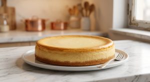 **Alt text:** A freshly baked New York cheesecake with a flawless, golden-brown top sits on a white plate on a marble countertop in soft, warm light.
