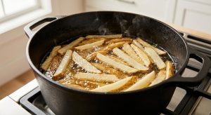 A close-up, high-angle photograph of hand-cut french fries cooking in bubbling golden oil inside a seasoned black cast-iron Dutch oven. Some fries are still pale and starchy, while others are starting to turn crisp and golden-brown at the edges.