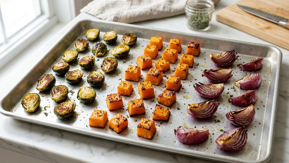 **Alt text:** Roasted Brussels sprouts, butternut squash cubes, and red onions spaced apart on a clean aluminum baking sheet. The caramelized vegetables glisten under natural side-lighting against a blurred kitchen background.