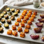 **Alt text:** Roasted Brussels sprouts, butternut squash cubes, and red onions spaced apart on a clean aluminum baking sheet. The caramelized vegetables glisten under natural side-lighting against a blurred kitchen background.