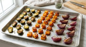 **Alt text:** Roasted Brussels sprouts, butternut squash cubes, and red onions spaced apart on a clean aluminum baking sheet. The caramelized vegetables glisten under natural side-lighting against a blurred kitchen background.