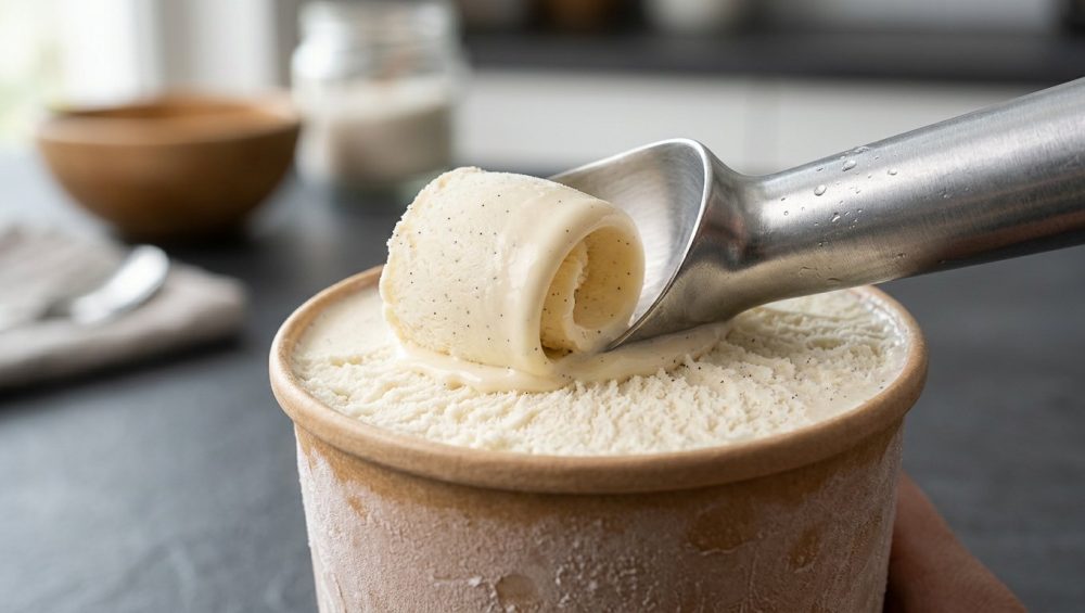**Alt text:** A macro photograph of a brushed aluminum scoop carving a perfect curl of vanilla bean ice cream from a pint. Delicate frost crystals on the container's rim contrast with a glossy, slightly melted edge where the warm scoop cuts through, set on a dark slate countertop.