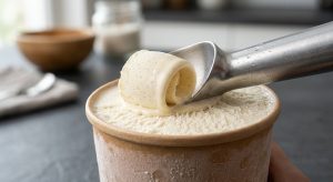 **Alt text:** A macro photograph of a brushed aluminum scoop carving a perfect curl of vanilla bean ice cream from a pint. Delicate frost crystals on the container's rim contrast with a glossy, slightly melted edge where the warm scoop cuts through, set on a dark slate countertop.
