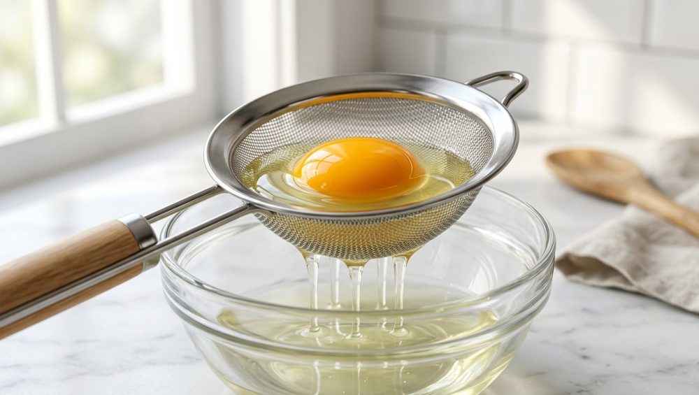 **Alt text:** Close-up of a raw egg in a stainless steel strainer, with the thin white dripping into a glass bowl below and the vibrant orange yolk remaining in the mesh, set against a bright marble countertop.