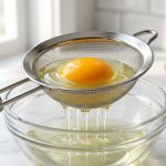 **Alt text:** Close-up of a raw egg in a stainless steel strainer, with the thin white dripping into a glass bowl below and the vibrant orange yolk remaining in the mesh, set against a bright marble countertop.
