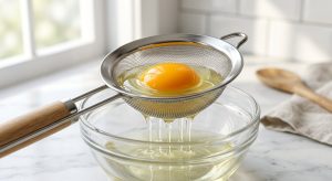 **Alt text:** Close-up of a raw egg in a stainless steel strainer, with the thin white dripping into a glass bowl below and the vibrant orange yolk remaining in the mesh, set against a bright marble countertop.