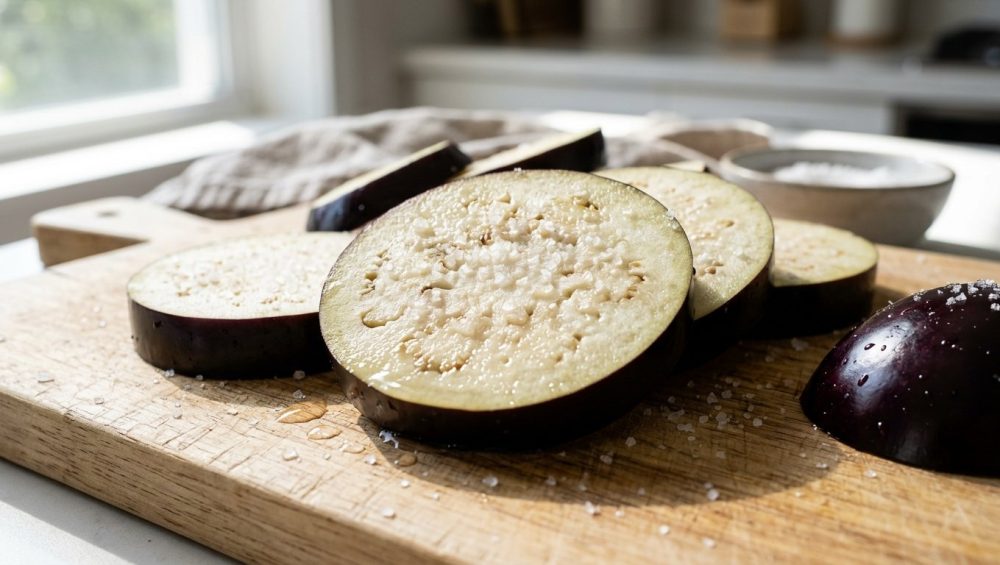 **Alt text:** Macro food photograph of raw eggplant slices on a wooden cutting board, sprinkled with coarse salt and sweating glistening beads of moisture.