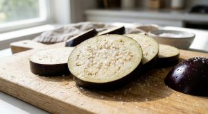 **Alt text:** Macro food photograph of raw eggplant slices on a wooden cutting board, sprinkled with coarse salt and sweating glistening beads of moisture.